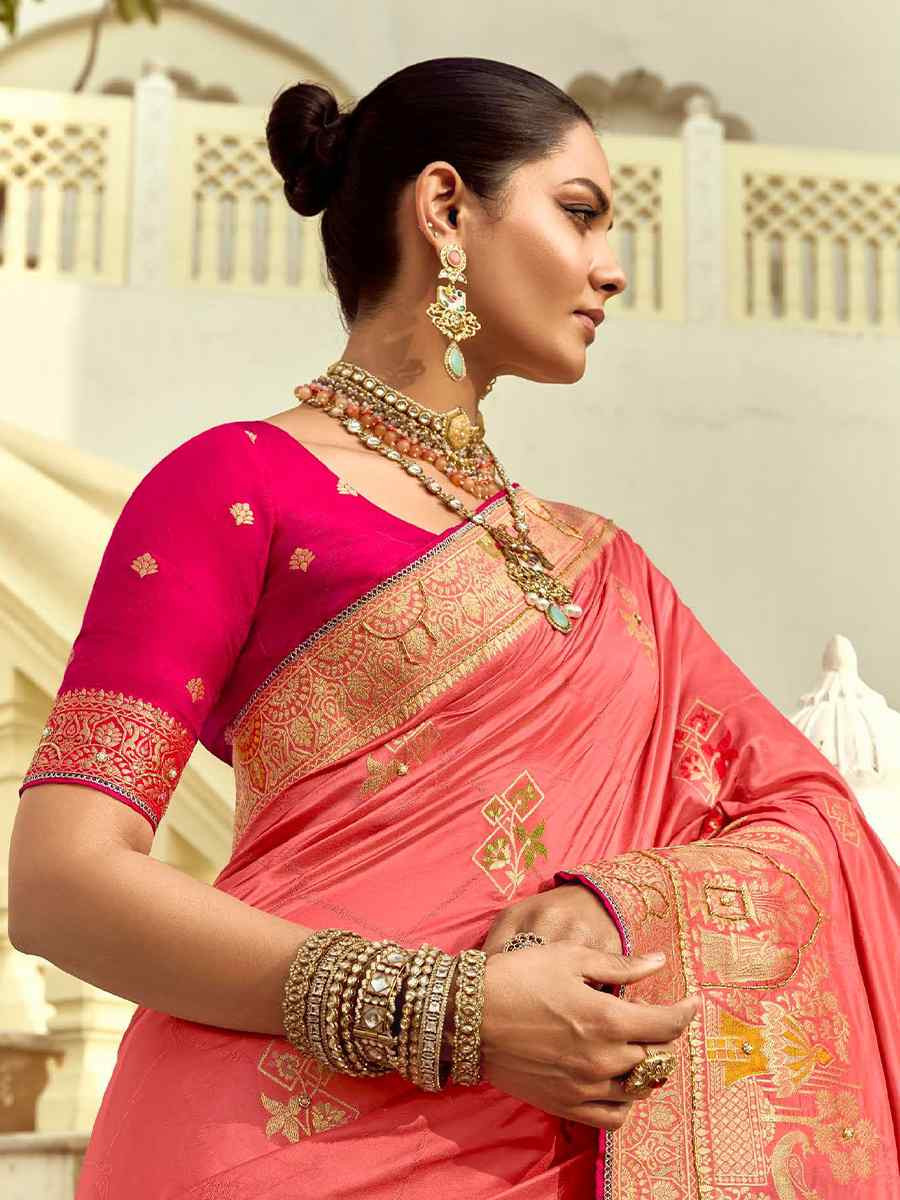 Peach Dola Silk Handwoven With Handwork Festival Wedding Fancy Heavy Border Saree