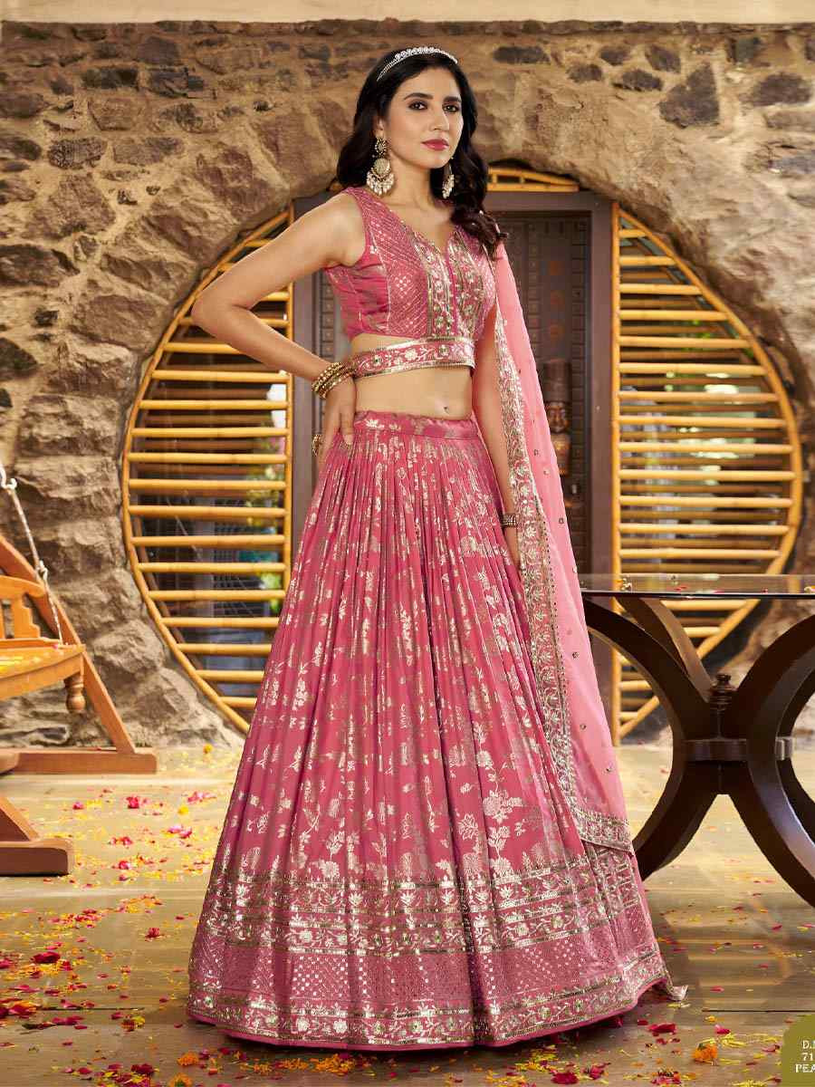 Peach Dola Silk Jacquard Embroidered Reception Wedding Bridal Lehenga Choli