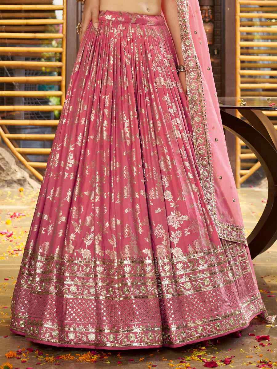 Peach Dola Silk Jacquard Embroidered Reception Wedding Bridal Lehenga Choli