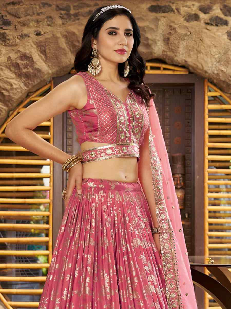 Peach Dola Silk Jacquard Embroidered Reception Wedding Bridal Lehenga Choli