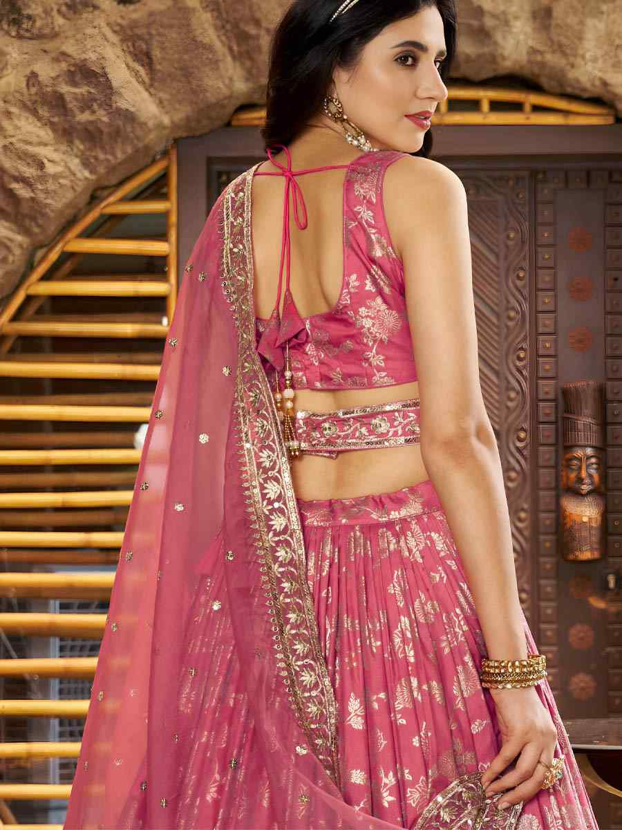 Peach Dola Silk Jacquard Embroidered Reception Wedding Bridal Lehenga Choli