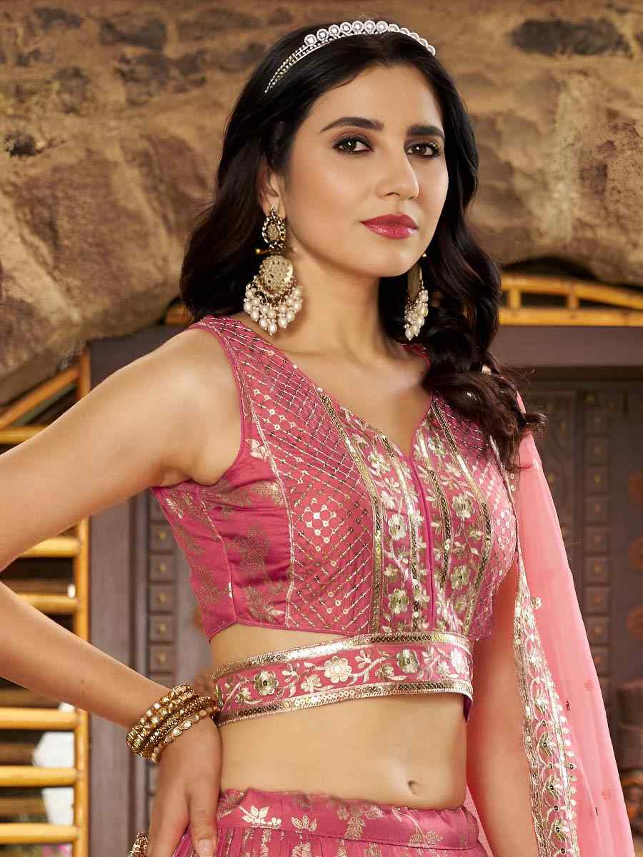 Peach Dola Silk Jacquard Embroidered Reception Wedding Bridal Lehenga Choli