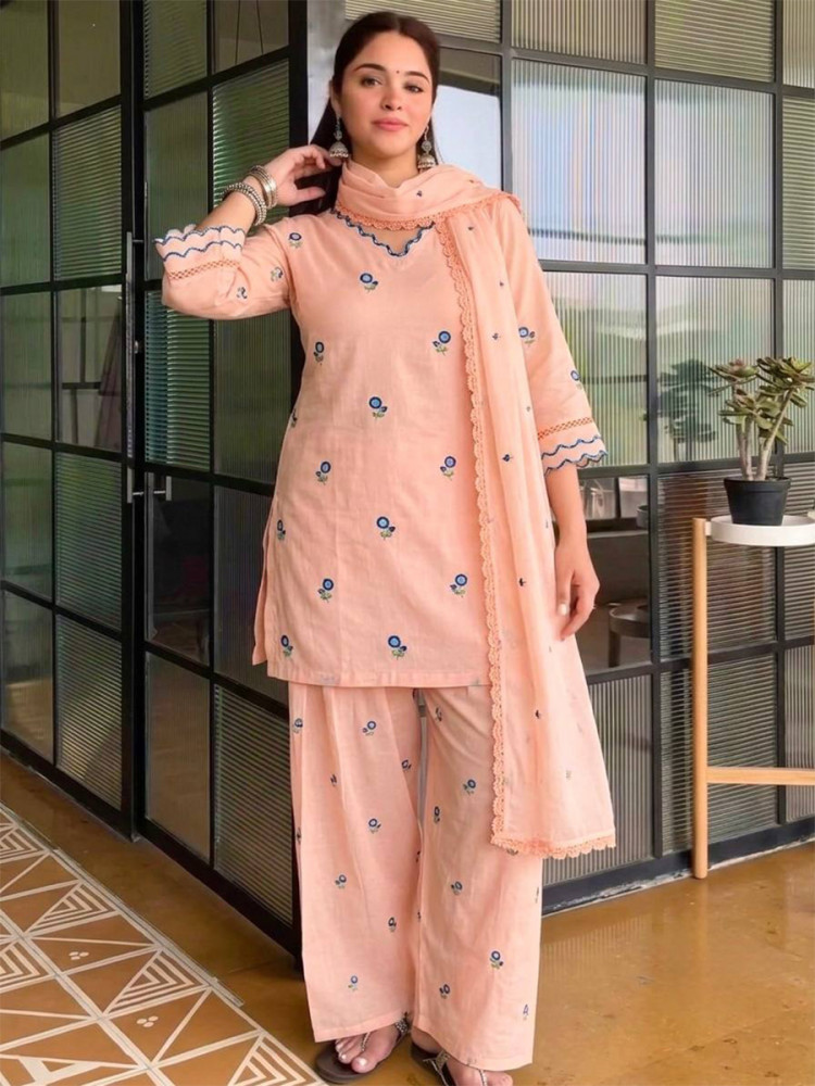 Image of Peach Embroidery Wedding Party Festival Casual Ready Palazzo Pant Salwar Kameez