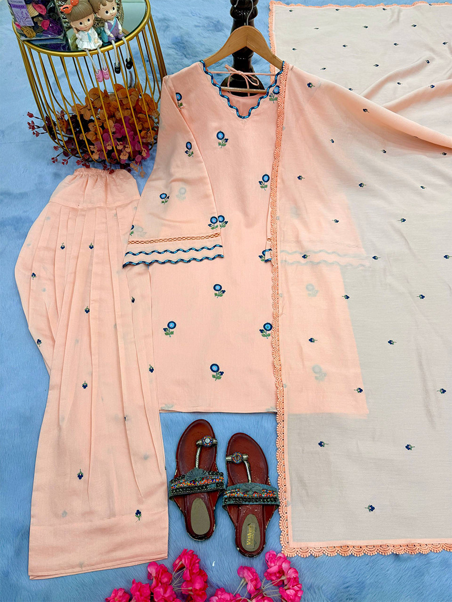 Peach Embroidery Wedding Party Festival Casual Ready Palazzo Pant Salwar Kameez