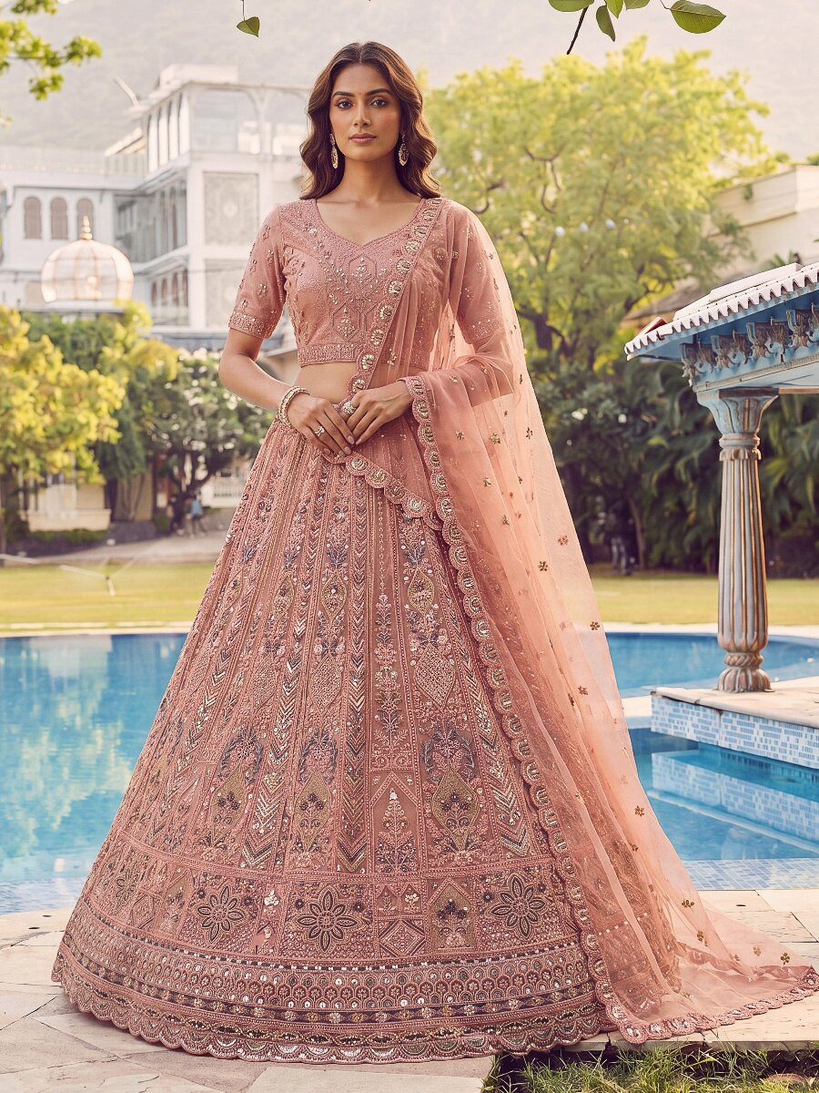 Peach Embroidery Zari Sequins Zircon Diamond Work Wedding Reception Party Festival Heavy Border Lehenga Choli