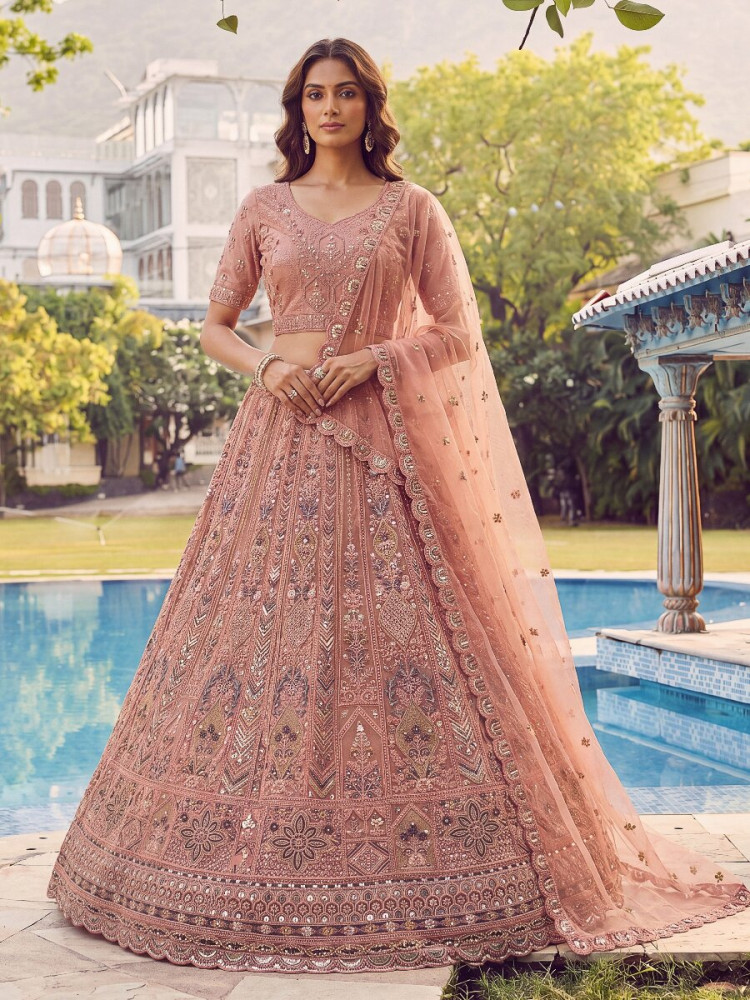 Image of Peach Embroidery Zari Sequins Zircon Diamond Work Wedding Reception Party Festival Heavy Border Lehenga Choli