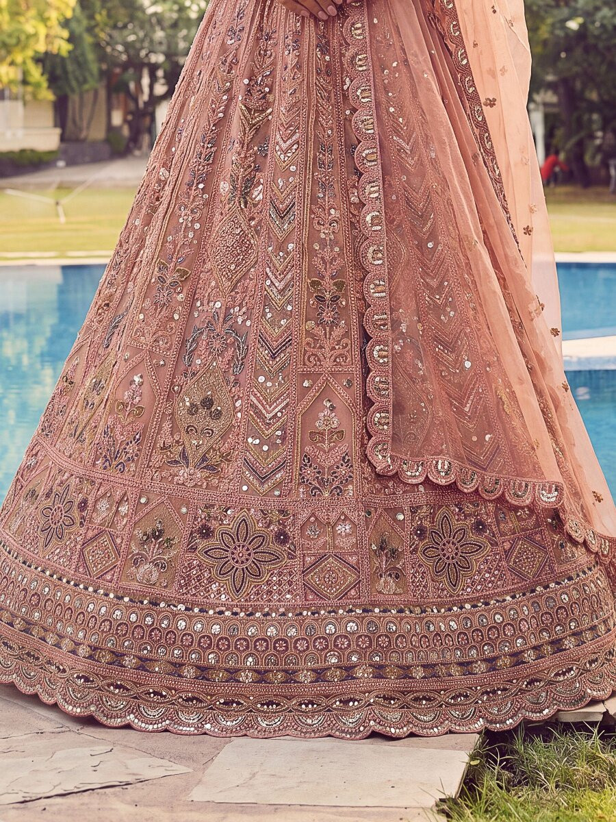 Peach Embroidery Zari Sequins Zircon Diamond Work Wedding Reception Party Festival Heavy Border Lehenga Choli
