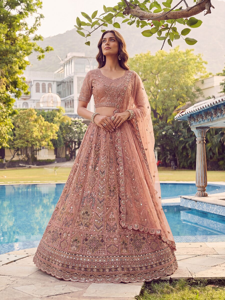 Peach Embroidery Zari Sequins Zircon Diamond Work Wedding Reception Party Festival Heavy Border Lehenga Choli