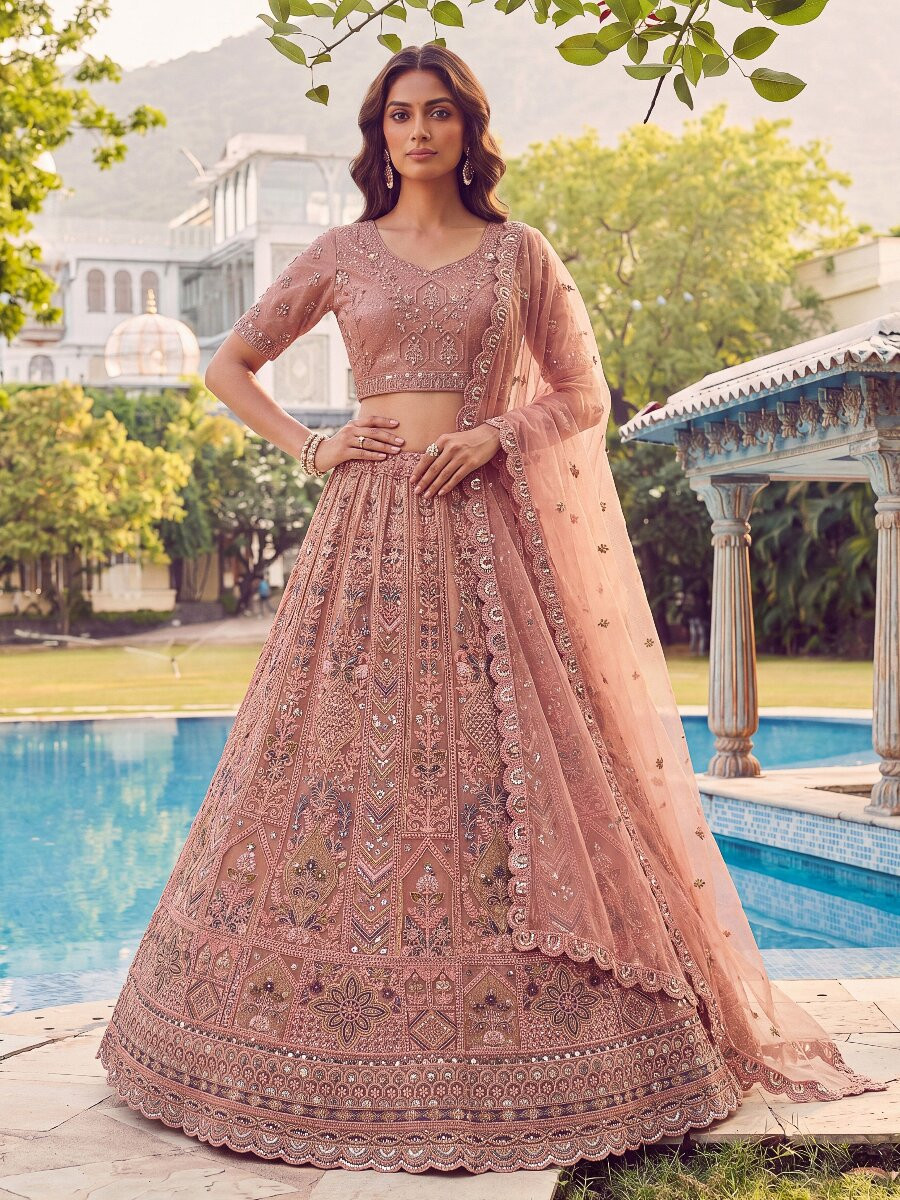 Peach Embroidery Zari Sequins Zircon Diamond Work Wedding Reception Party Festival Heavy Border Lehenga Choli