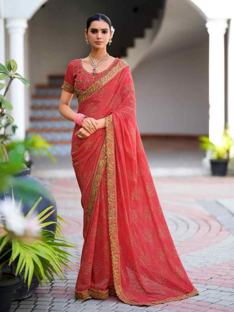 Peach Fancy Georgette Embroidered Festival Wedding Fancy Heavy Border Saree