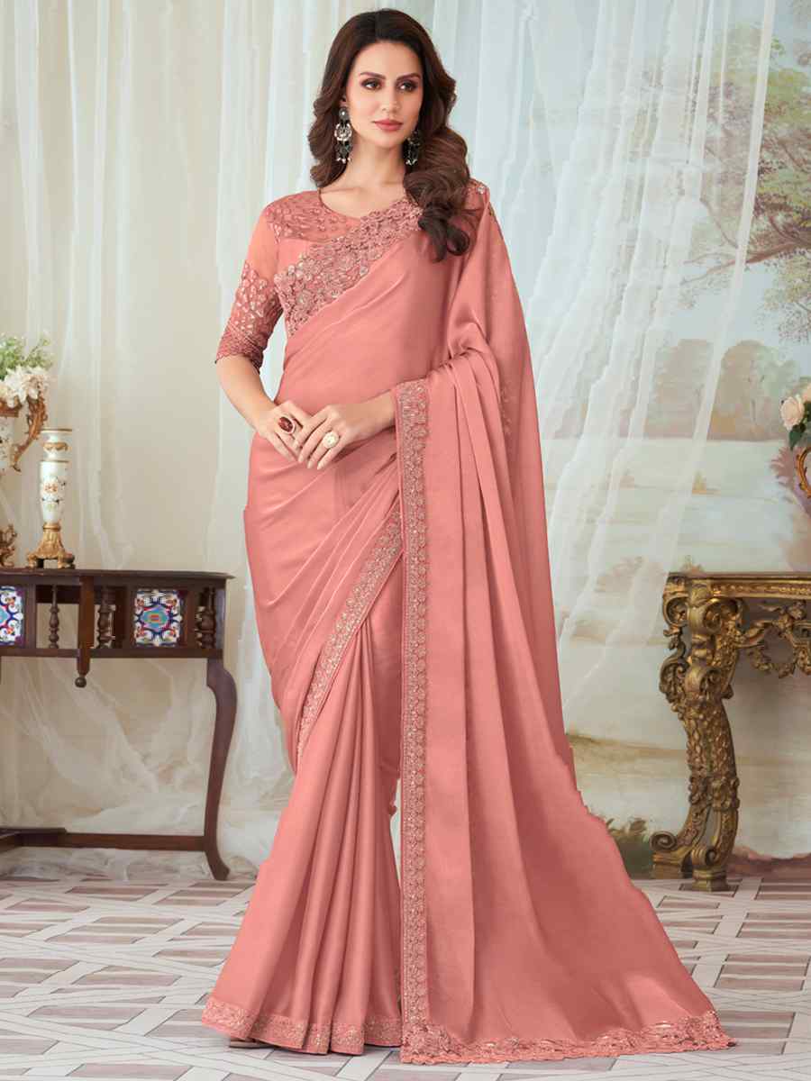 Peach Fancy Material Handwoven Party Festival Heavy Border Saree