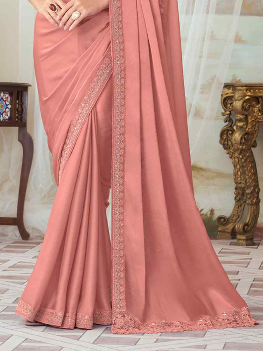 Peach Fancy Material Handwoven Party Festival Heavy Border Saree