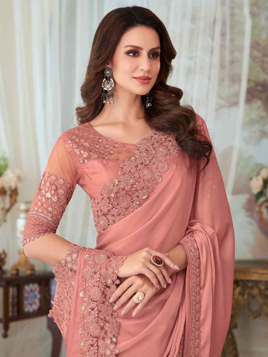 Peach Fancy Material Handwoven Party Festival Heavy Border Saree