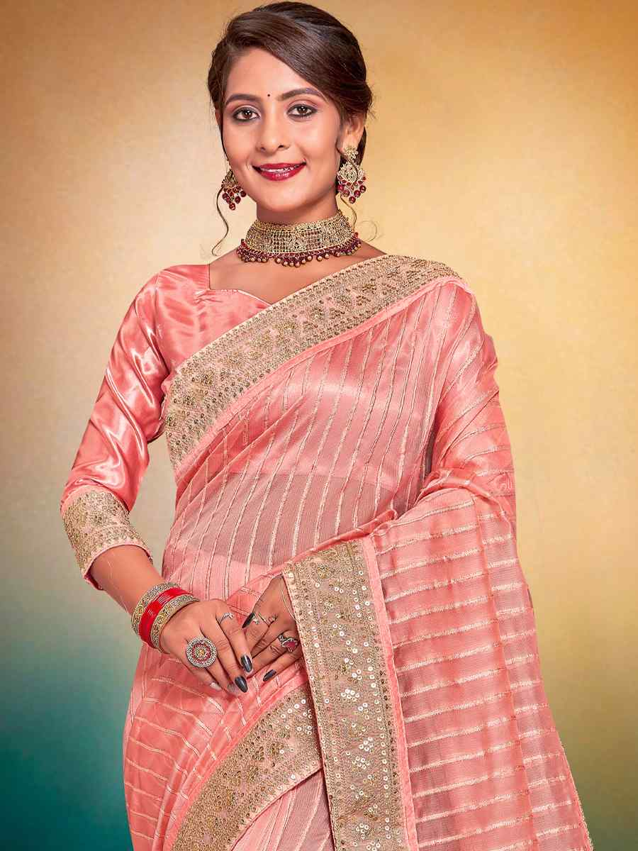 Peach Fancy Tissue Embroidered Wedding Festival Heavy Border Saree