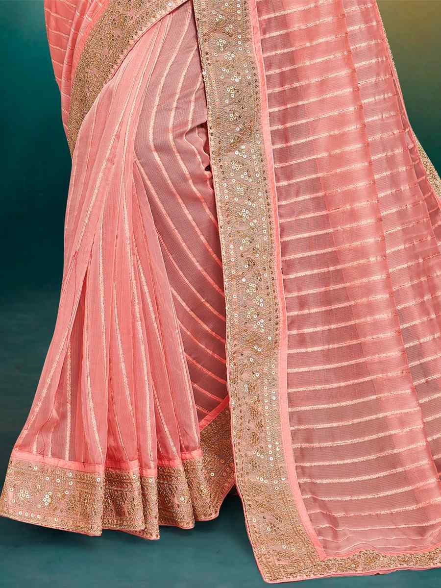 Peach Fancy Tissue Embroidered Wedding Festival Heavy Border Saree