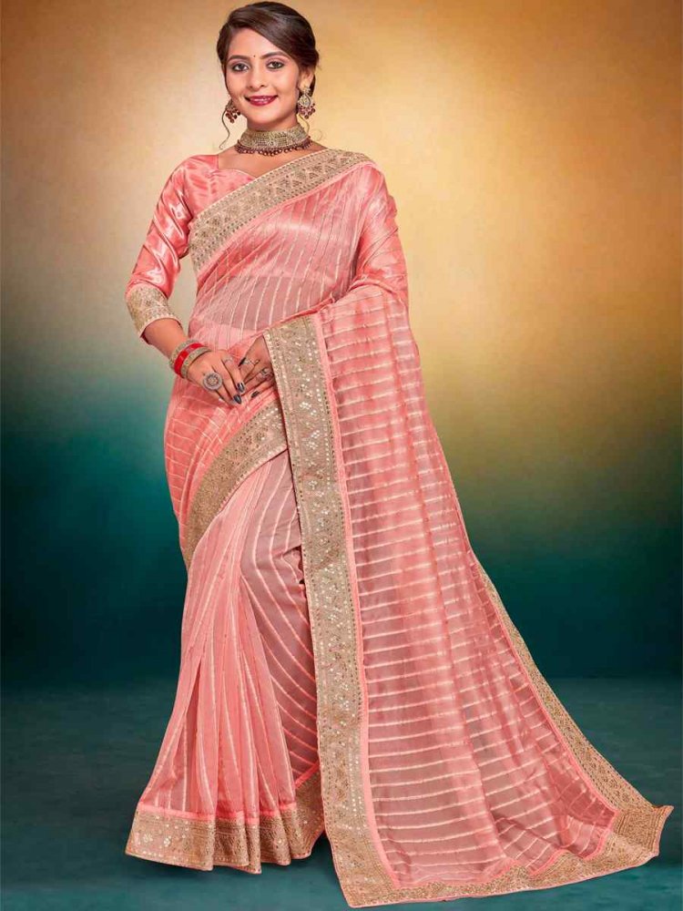 Peach Fancy Tissue Embroidered Wedding Festival Heavy Border Saree