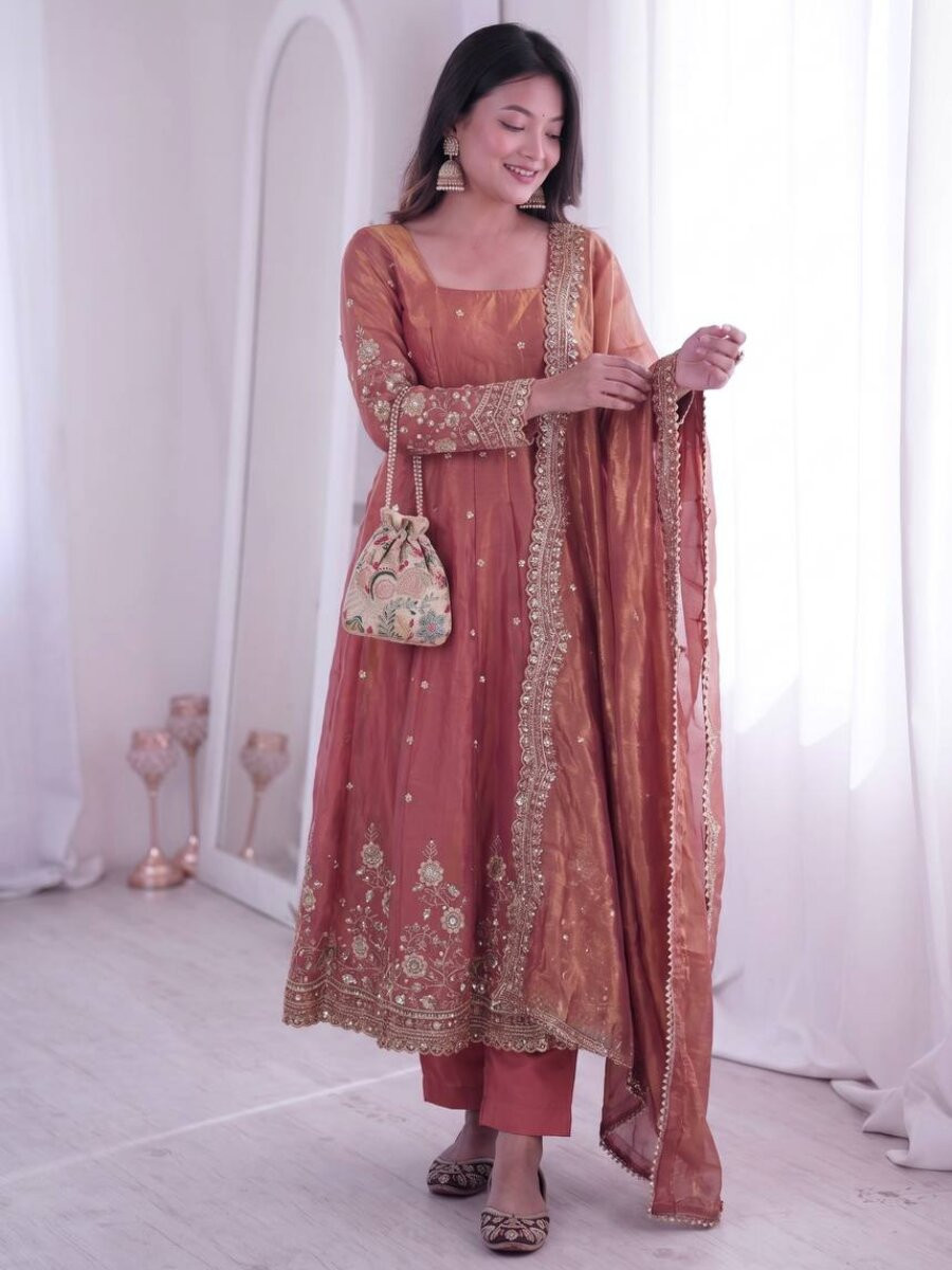 Peach Fandy Silk Embroidery Sequins Zari Wedding Party Festival Casual Ready Anarkali Pant Salwar Kameez