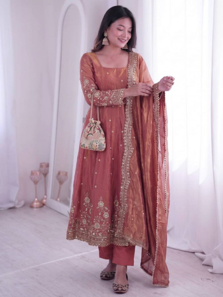 Image of Peach Fandy Silk Embroidery Sequins Zari Wedding Party Festival Casual Ready Anarkali Pant Salwar Kameez