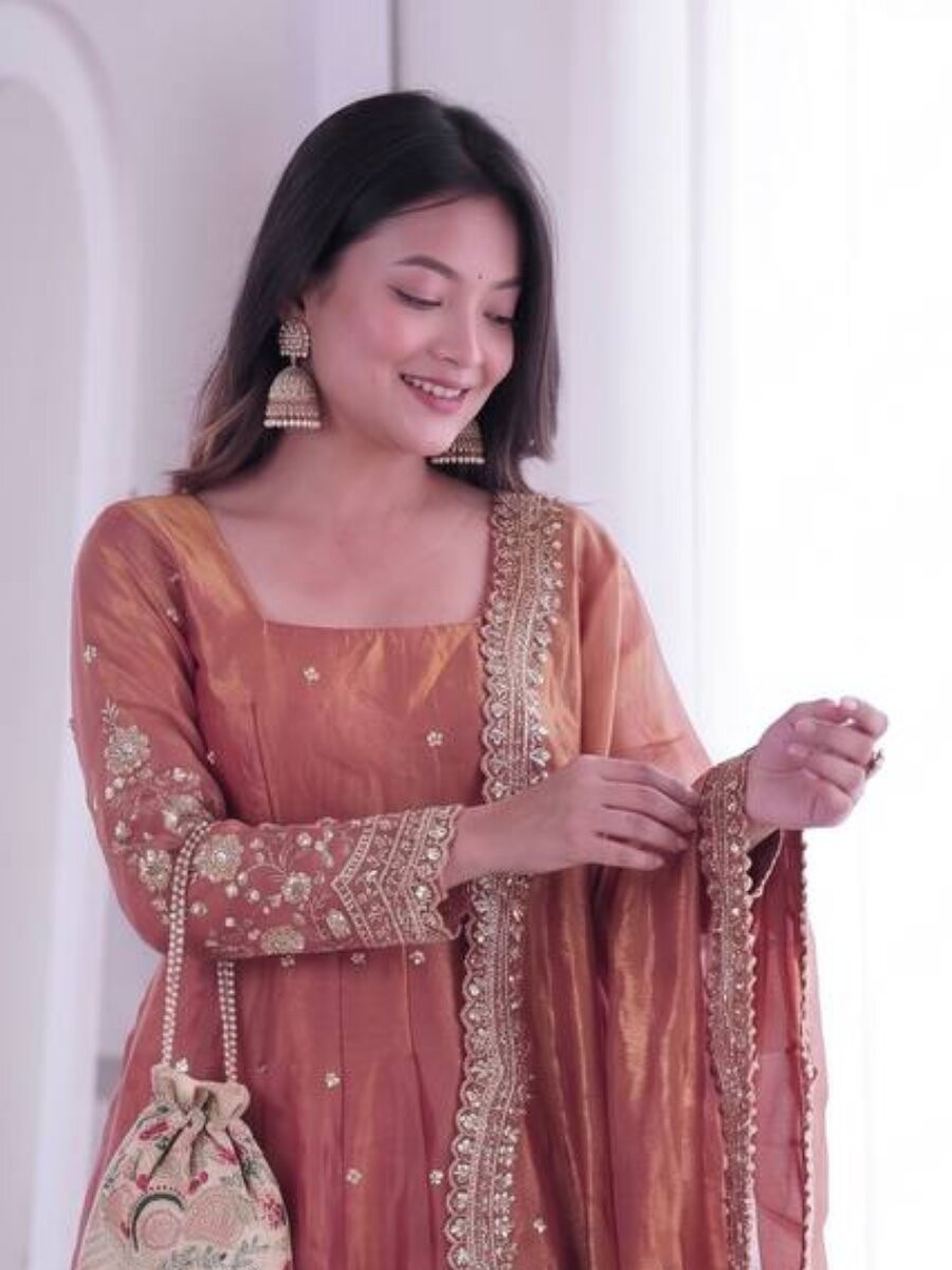 Peach Fandy Silk Embroidery Sequins Zari Wedding Party Festival Casual Ready Anarkali Pant Salwar Kameez