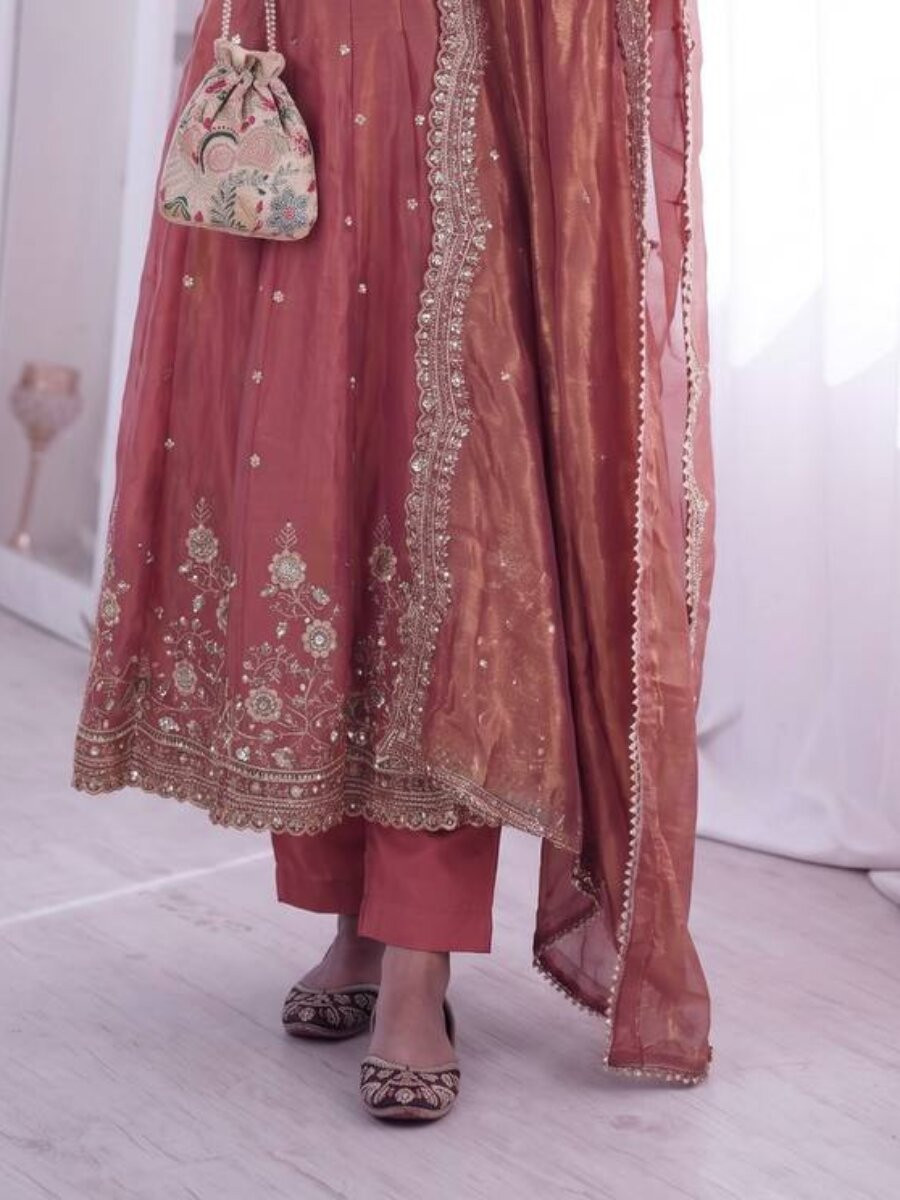 Peach Fandy Silk Embroidery Sequins Zari Wedding Party Festival Casual Ready Anarkali Pant Salwar Kameez