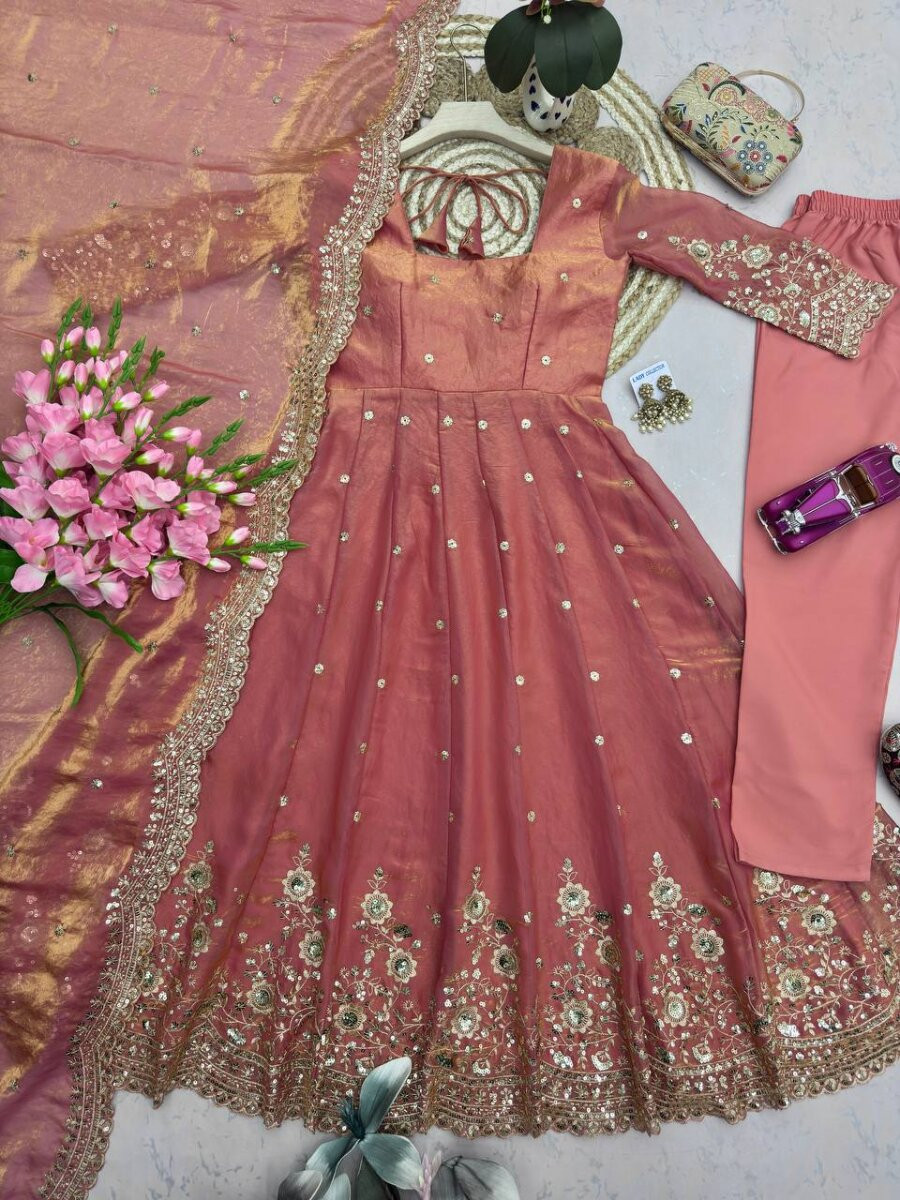 Peach Fandy Silk Embroidery Sequins Zari Wedding Party Festival Casual Ready Anarkali Pant Salwar Kameez