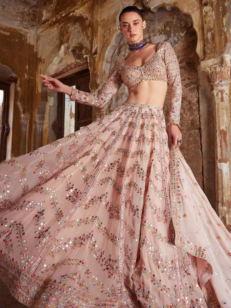 Peach Faux Georgette Embroidered Bridal Wedding Reception Festival Heavy Border Lehenga Choli