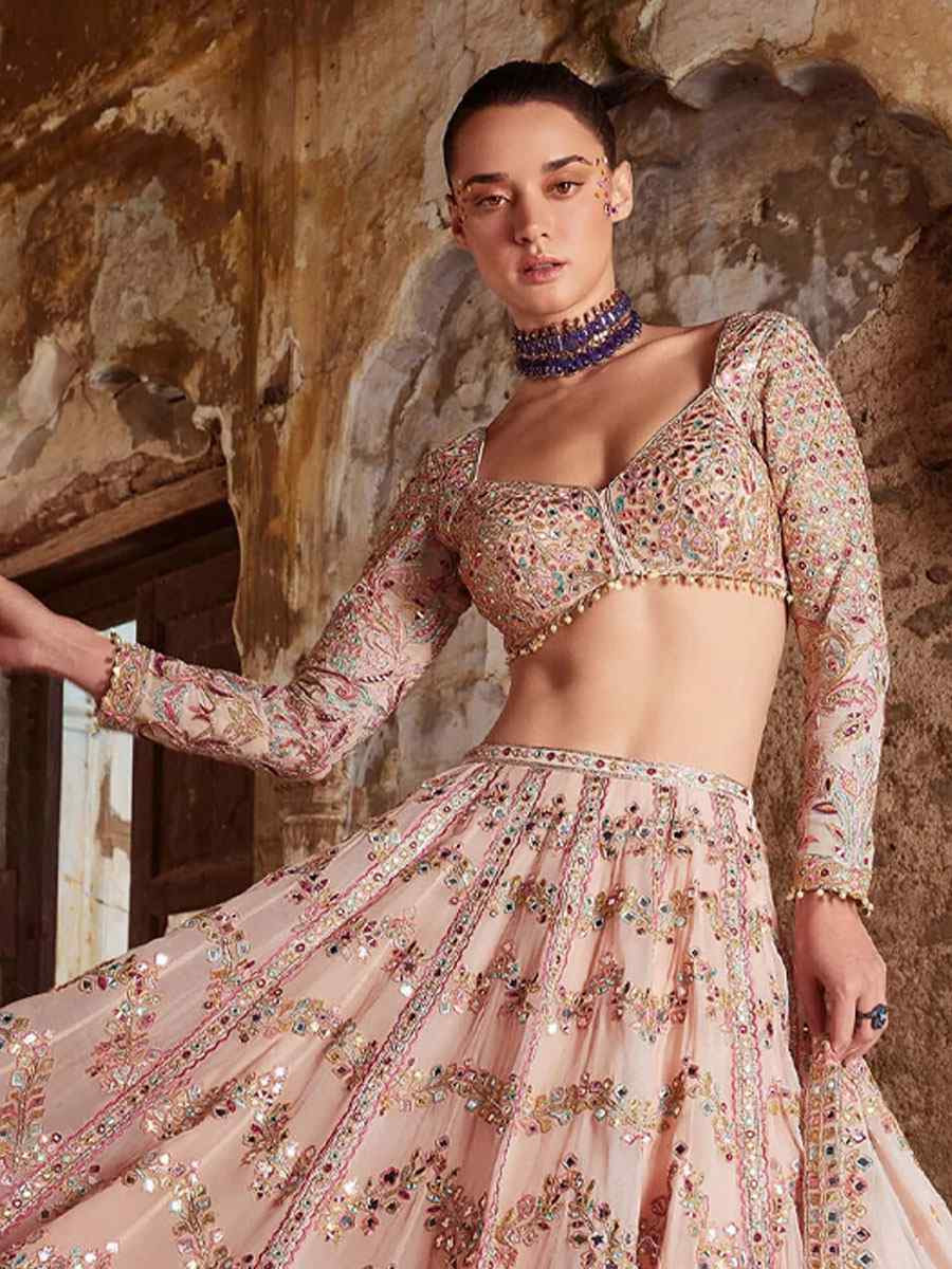 Peach Faux Georgette Embroidered Bridal Wedding Reception Festival Heavy Border Lehenga Choli