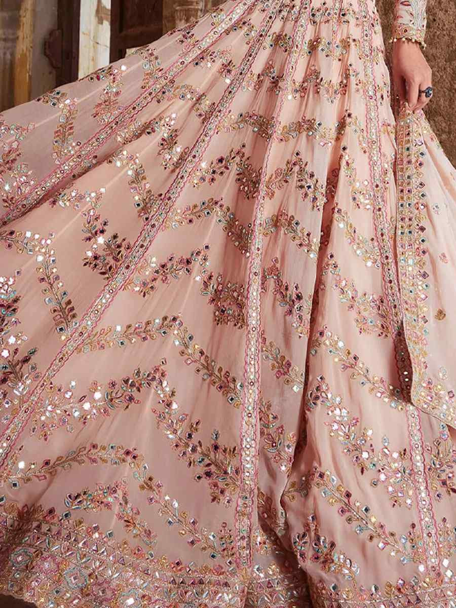 Peach Faux Georgette Embroidered Bridal Wedding Reception Festival Heavy Border Lehenga Choli