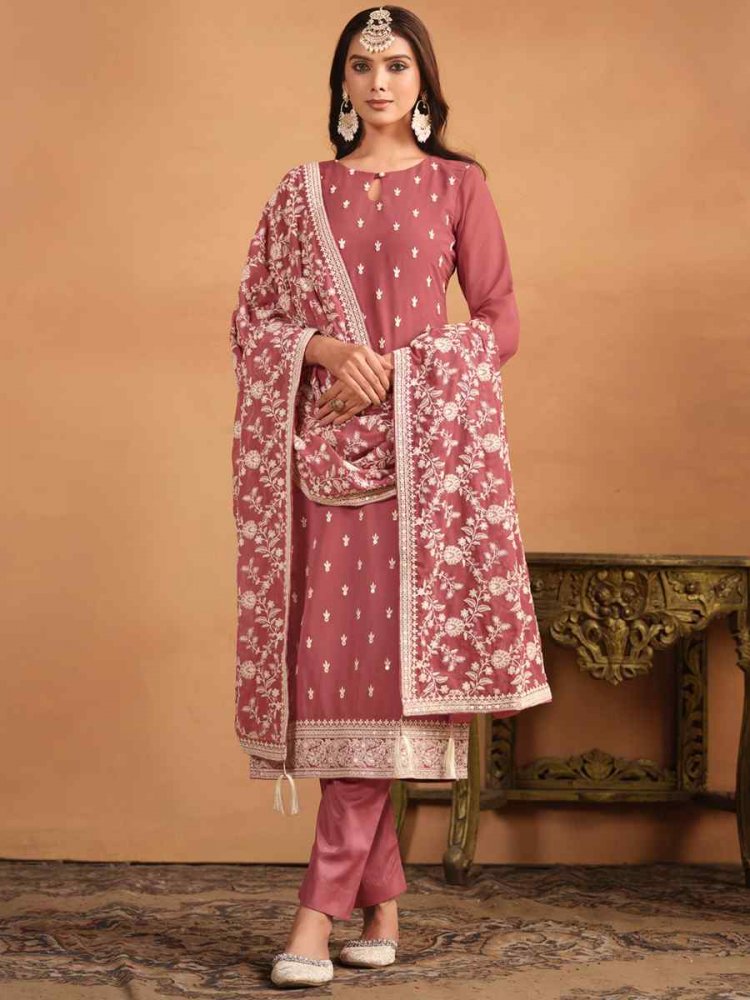 Peach Faux Georgette Embroidered Festival Casual Pant Salwar Kameez