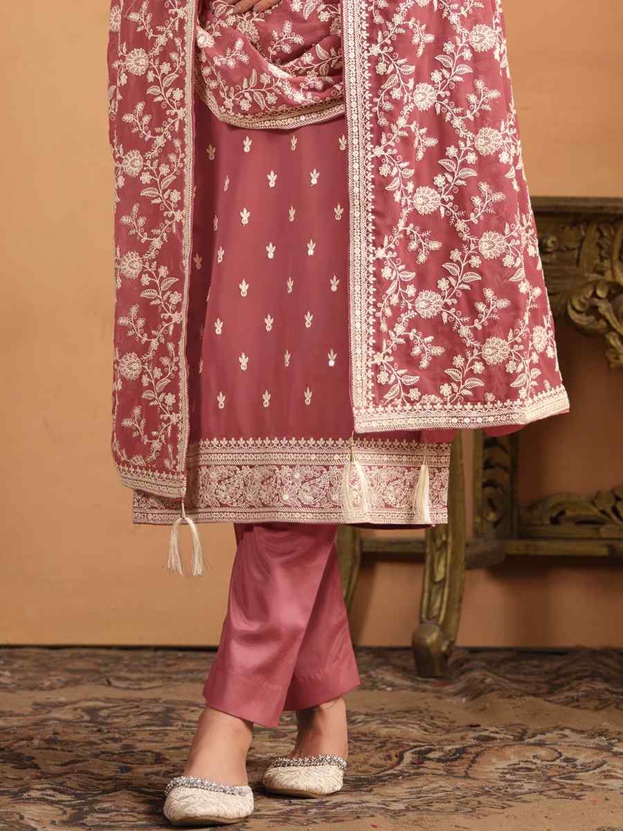 Peach Faux Georgette Embroidered Festival Casual Pant Salwar Kameez
