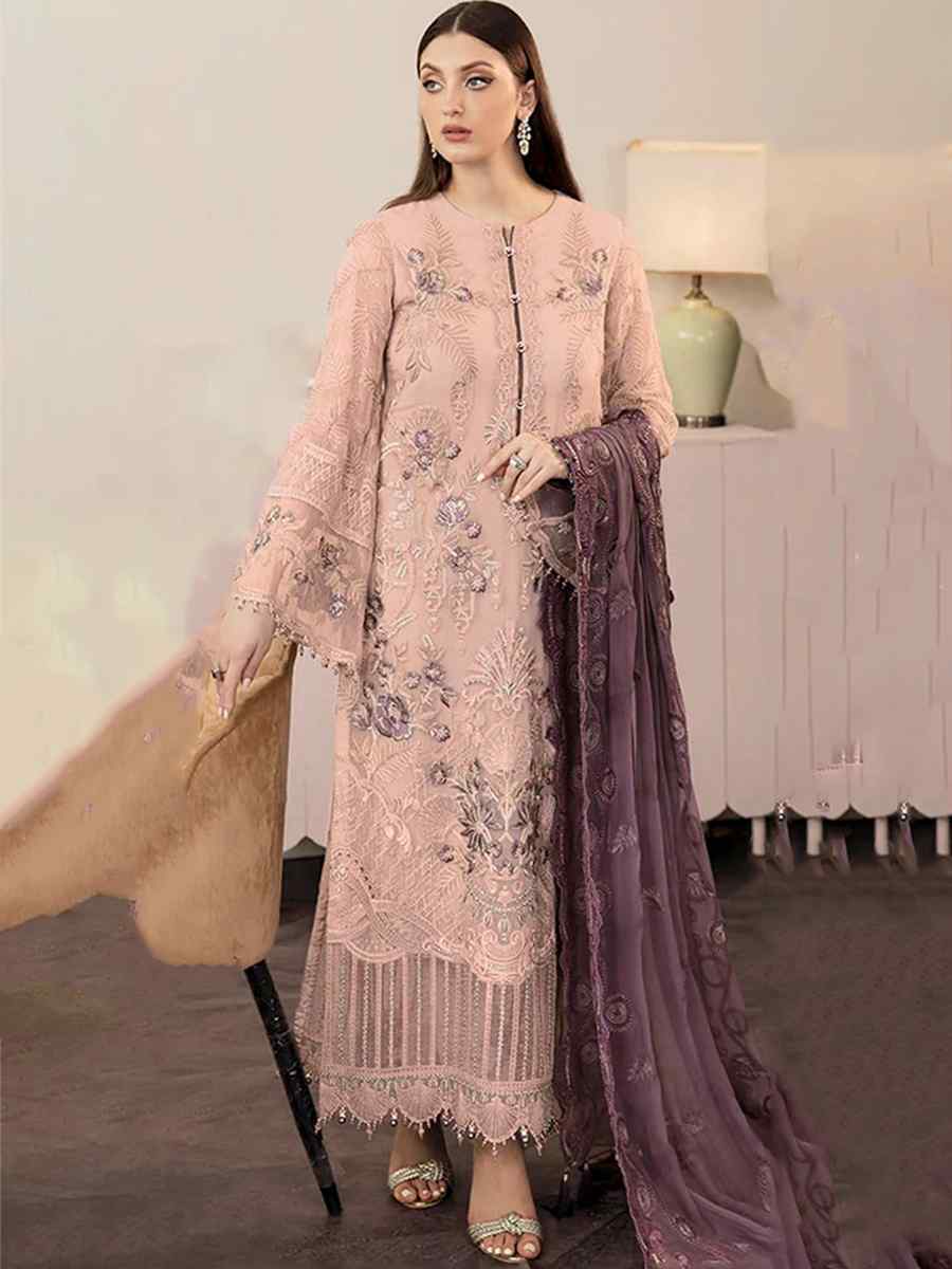 Peach Faux Georgette Embroidered Festival Party Pant Salwar Kameez