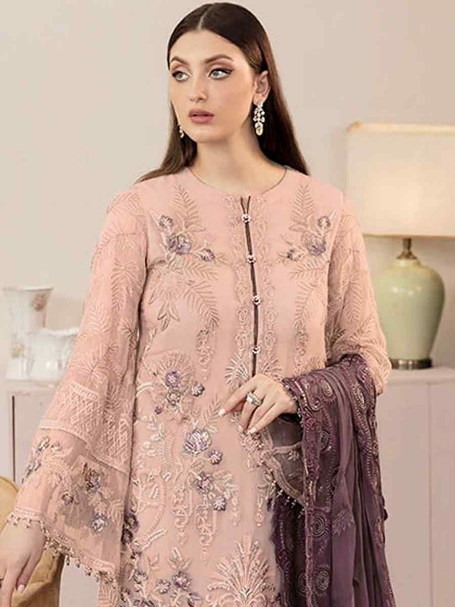 Peach Faux Georgette Embroidered Festival Party Pant Salwar Kameez