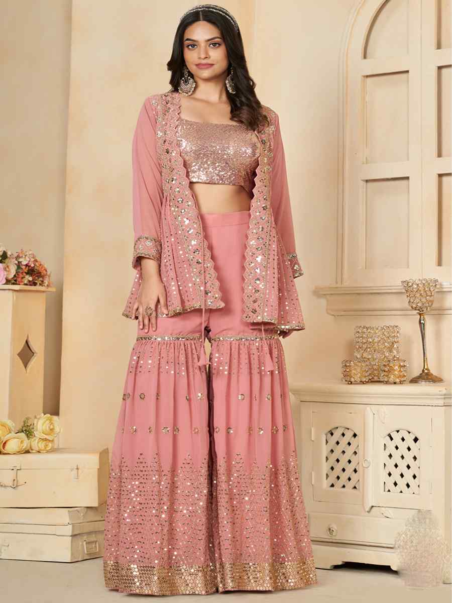 Peach Faux Georgette Embroidered Festival Wedding Palazzo Pant Salwar Kameez