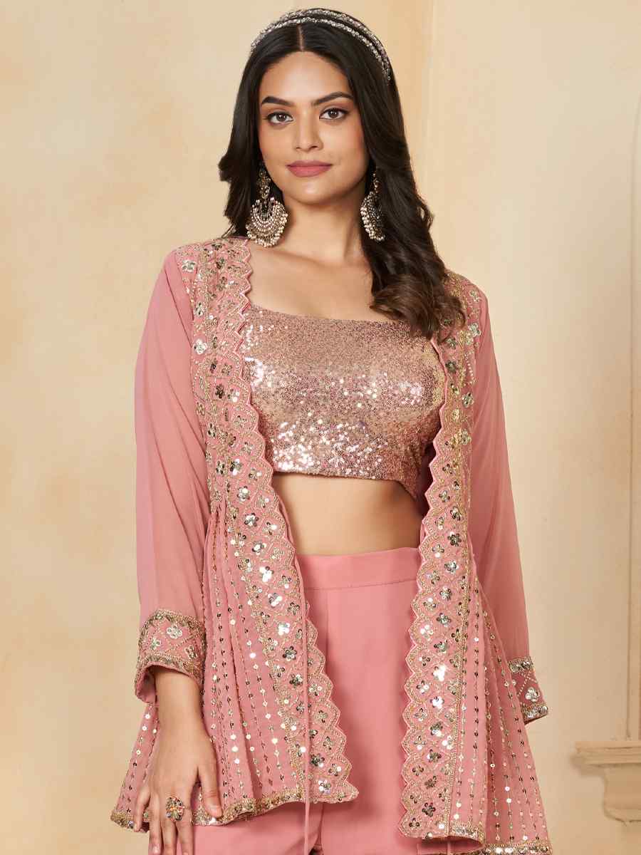 Peach Faux Georgette Embroidered Festival Wedding Palazzo Pant Salwar Kameez