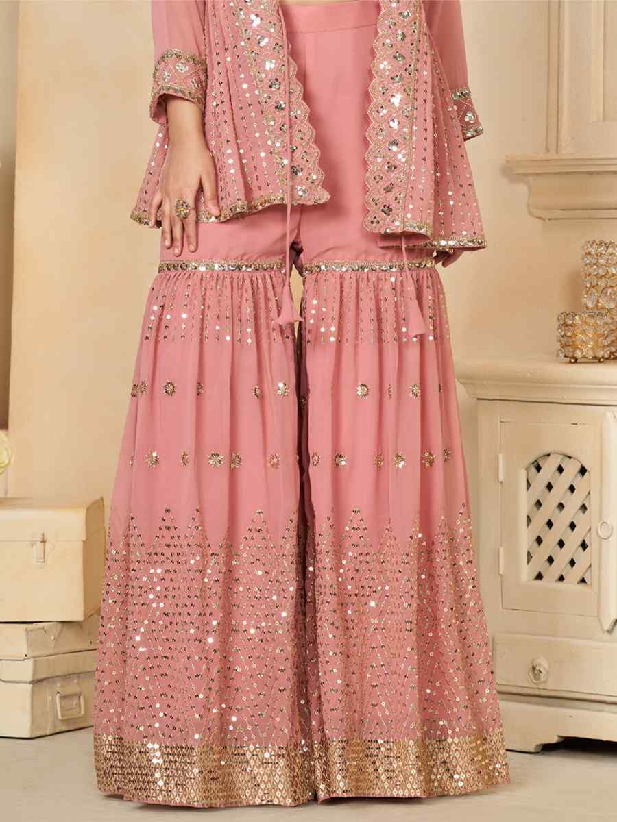 Peach Faux Georgette Embroidered Festival Wedding Palazzo Pant Salwar Kameez
