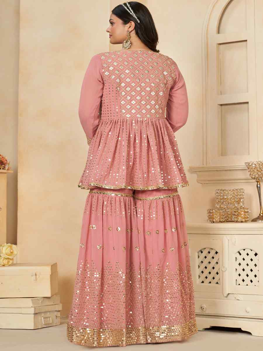 Peach Faux Georgette Embroidered Festival Wedding Palazzo Pant Salwar Kameez
