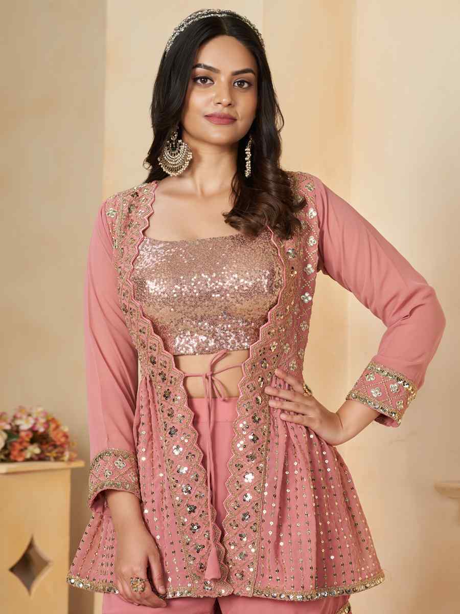 Peach Faux Georgette Embroidered Festival Wedding Palazzo Pant Salwar Kameez