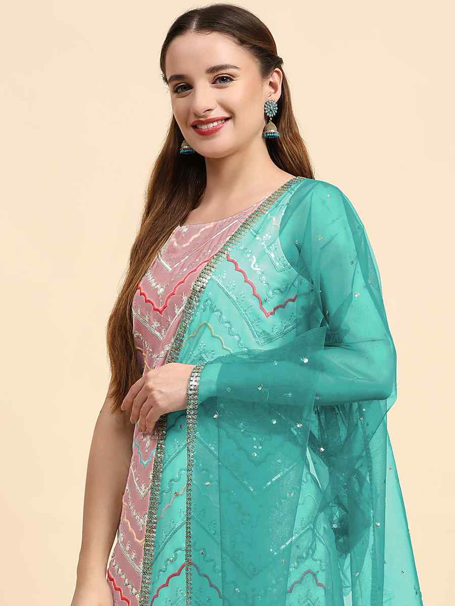 Peach Faux Georgette Embroidered Festival Wedding Palazzo Pant Salwar Kameez