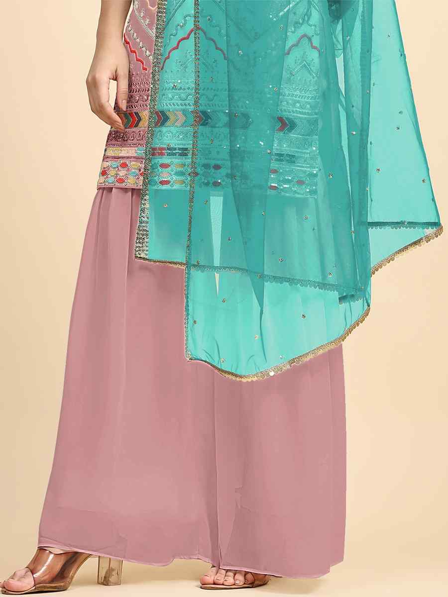 Peach Faux Georgette Embroidered Festival Wedding Palazzo Pant Salwar Kameez