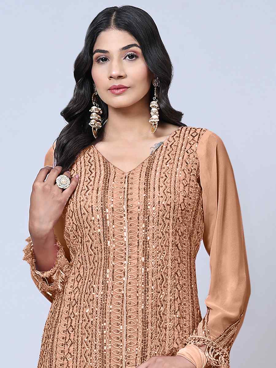 Peach Faux Georgette Embroidered Festival Wedding Pant Salwar Kameez