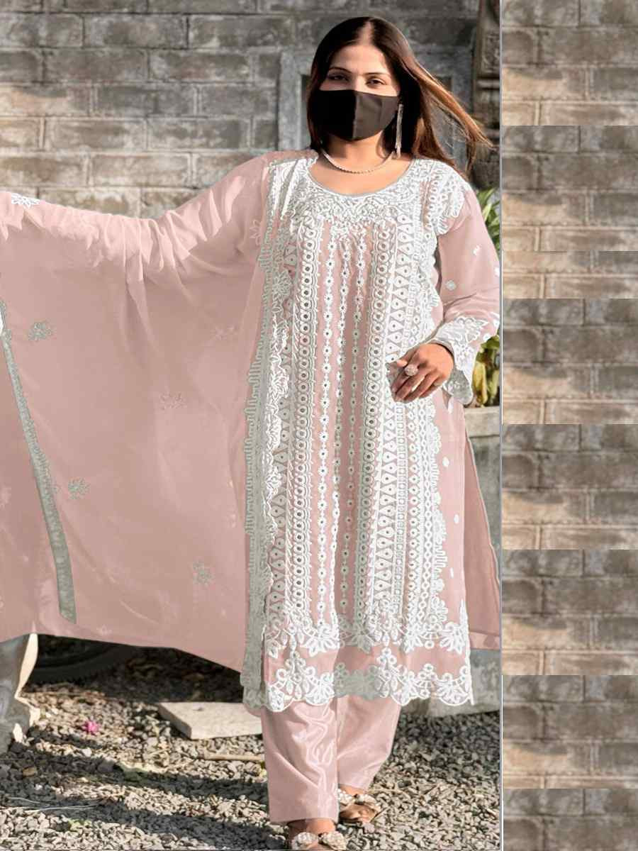 Peach Faux Georgette Embroidered Festival Wedding Pant Salwar Kameez