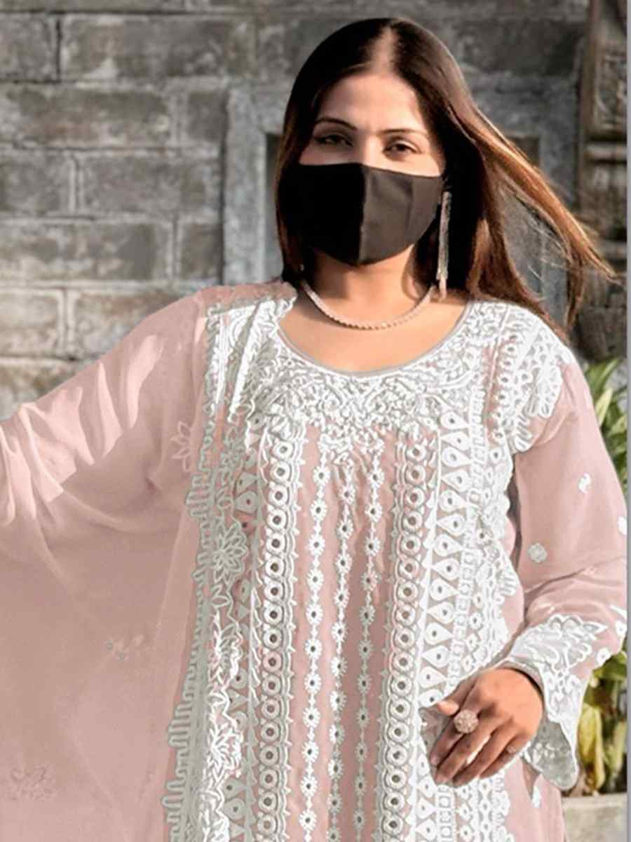 Peach Faux Georgette Embroidered Festival Wedding Pant Salwar Kameez