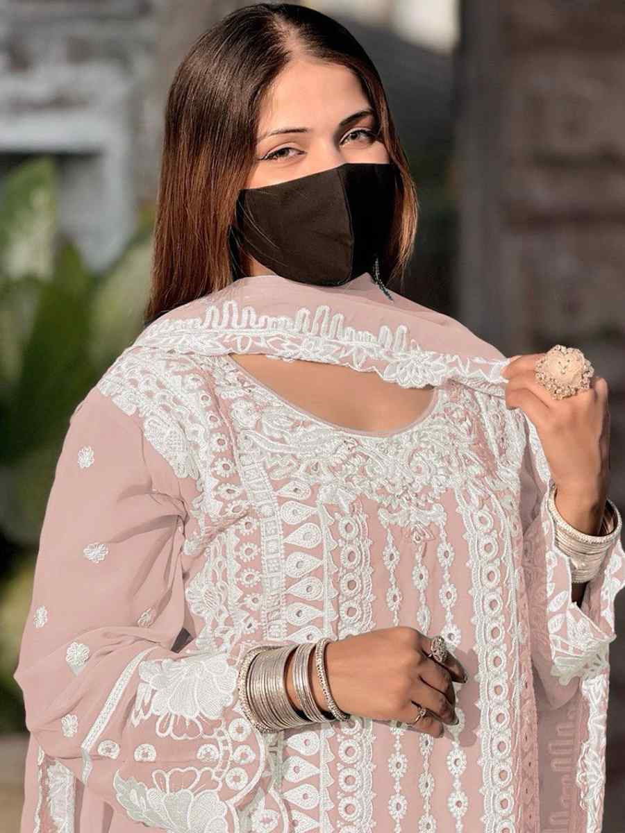 Peach Faux Georgette Embroidered Festival Wedding Pant Salwar Kameez