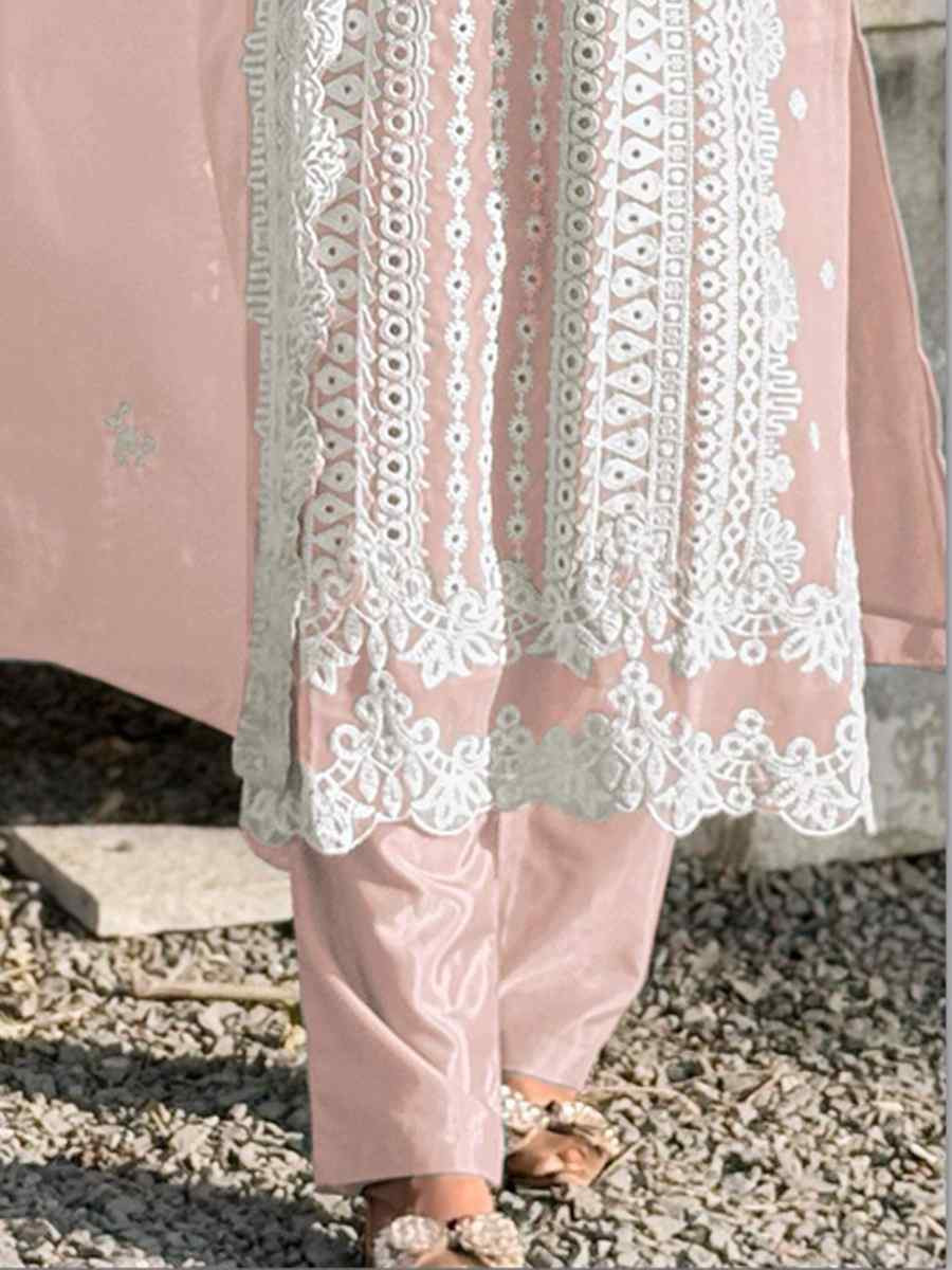 Peach Faux Georgette Embroidered Festival Wedding Pant Salwar Kameez