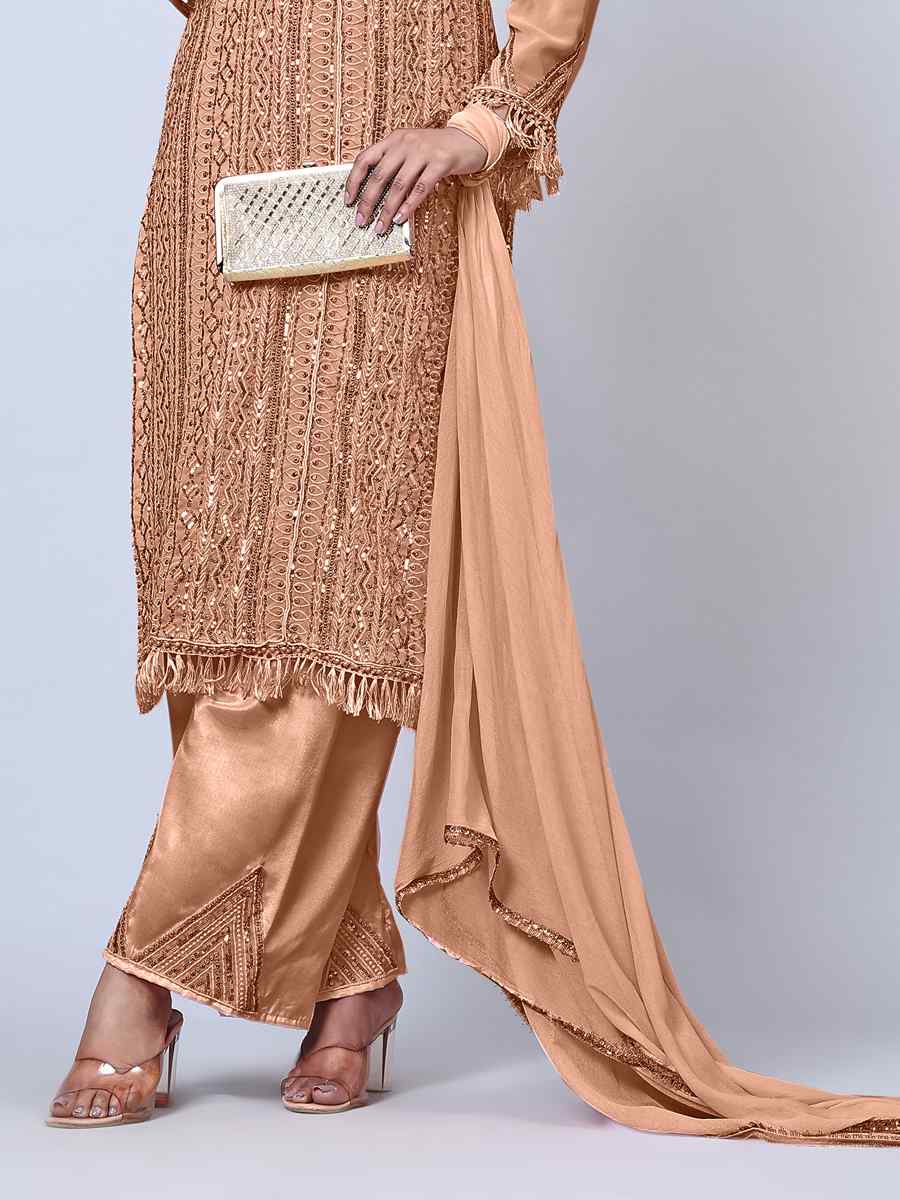 Peach Faux Georgette Embroidered Festival Wedding Pant Salwar Kameez