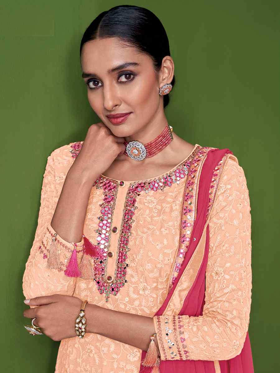 Peach Faux Georgette Embroidered Festival Wedding Pant Salwar Kameez