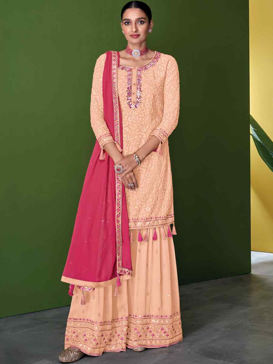 Peach Faux Georgette Embroidered Festival Wedding Pant Salwar Kameez
