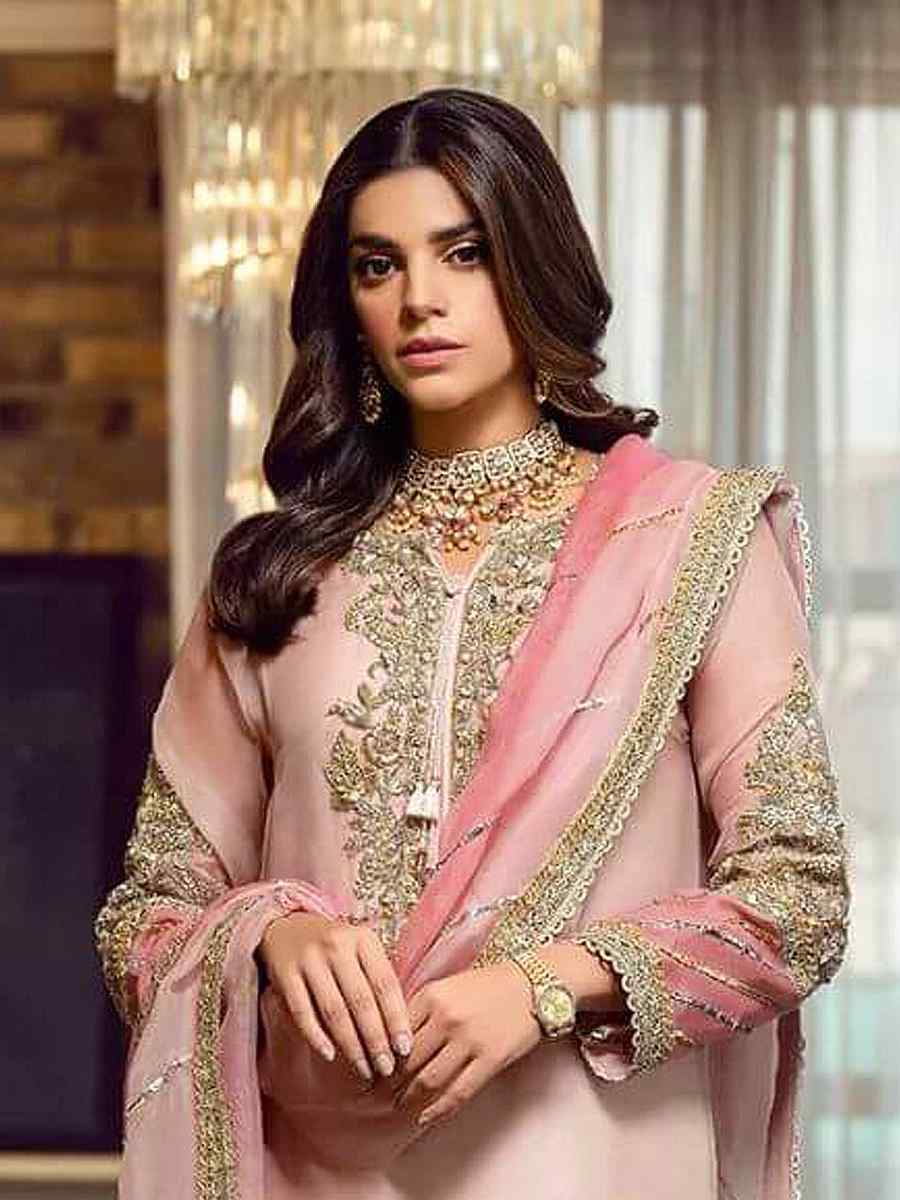 Peach Faux Georgette Embroidered Festival Wedding Pant Salwar Kameez