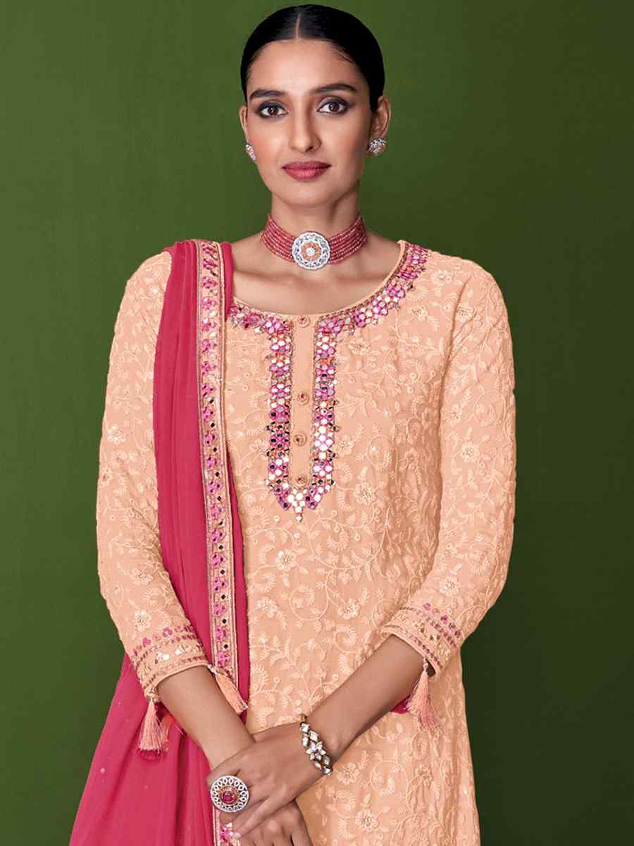 Peach Faux Georgette Embroidered Festival Wedding Pant Salwar Kameez