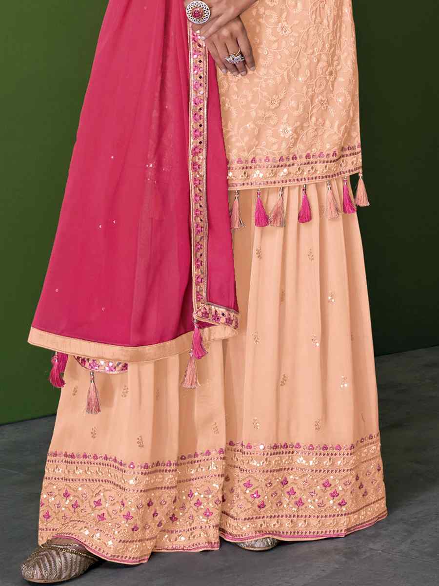 Peach Faux Georgette Embroidered Festival Wedding Pant Salwar Kameez
